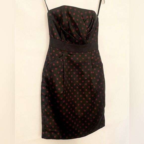 White House Black Market Strapless Elegant Black and Red Polka Dot Dress Size 2 - Picture 4 of 15